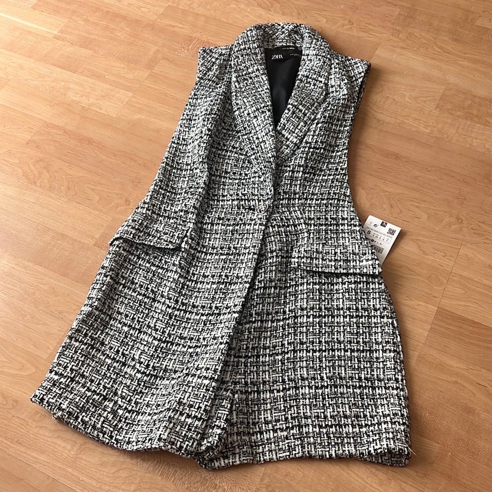 Zara size small black and white tweed romper with gold thread details NWT
